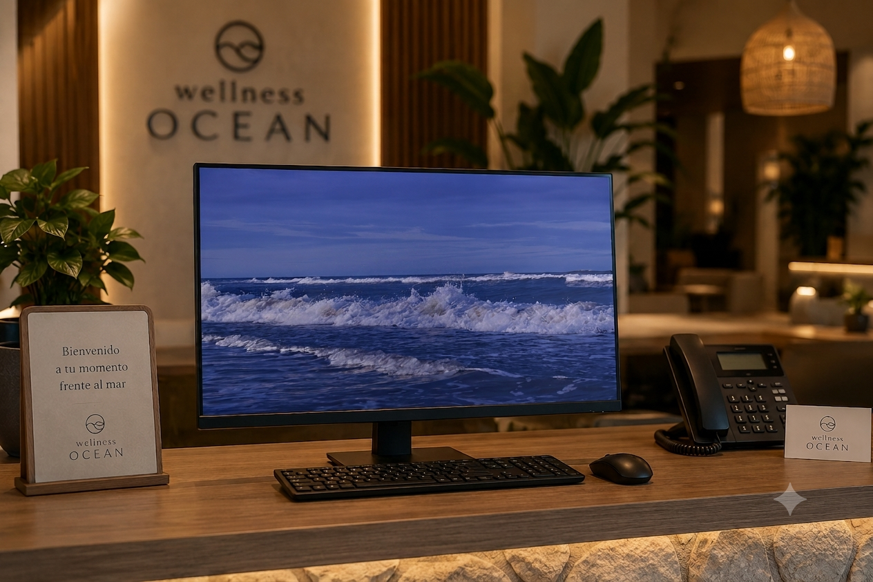 Mostrador wellness con visual del mar