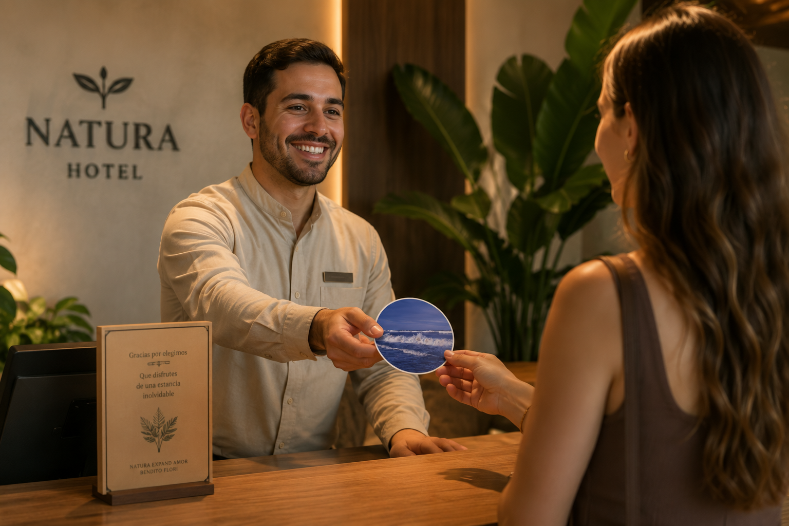 Recepción de hotel con obra circular